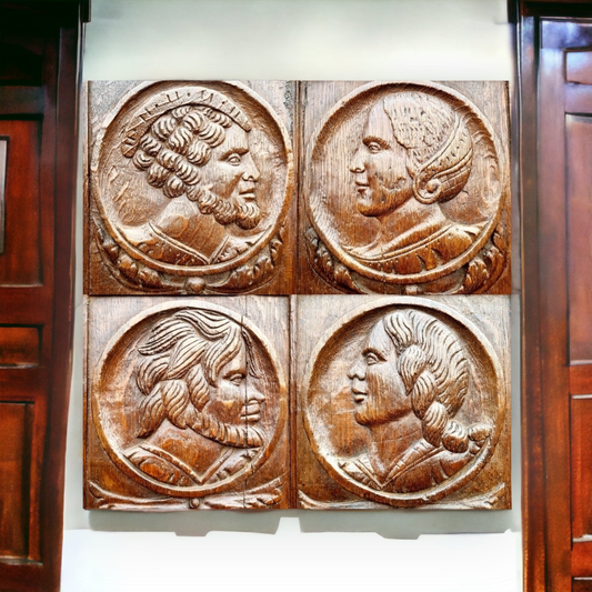Set of Four 16th Century Antique Carved Oak Romayne Portrait Panels
