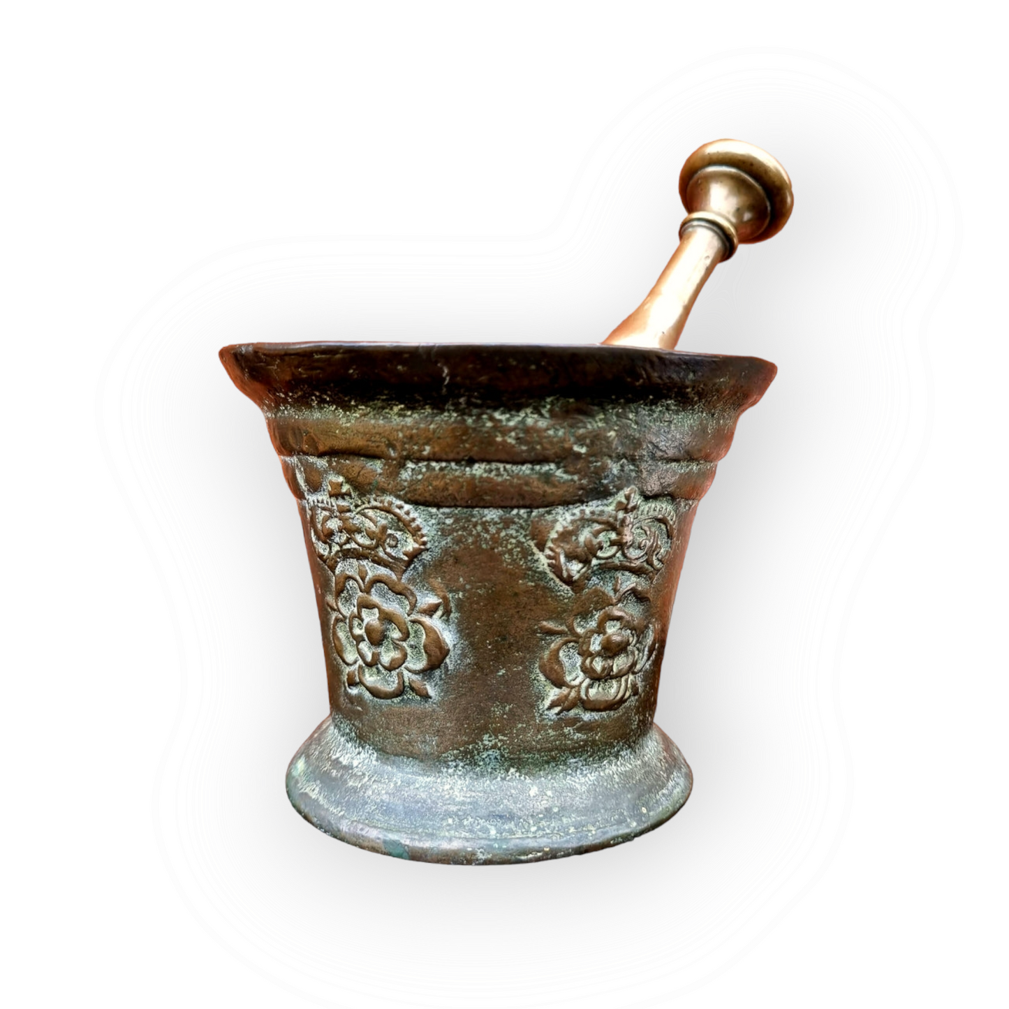 Large 17th Century English Antique London-made Bronze Mortar, The Outer Surface Bearing Four Cast Crowned Tudor Roses