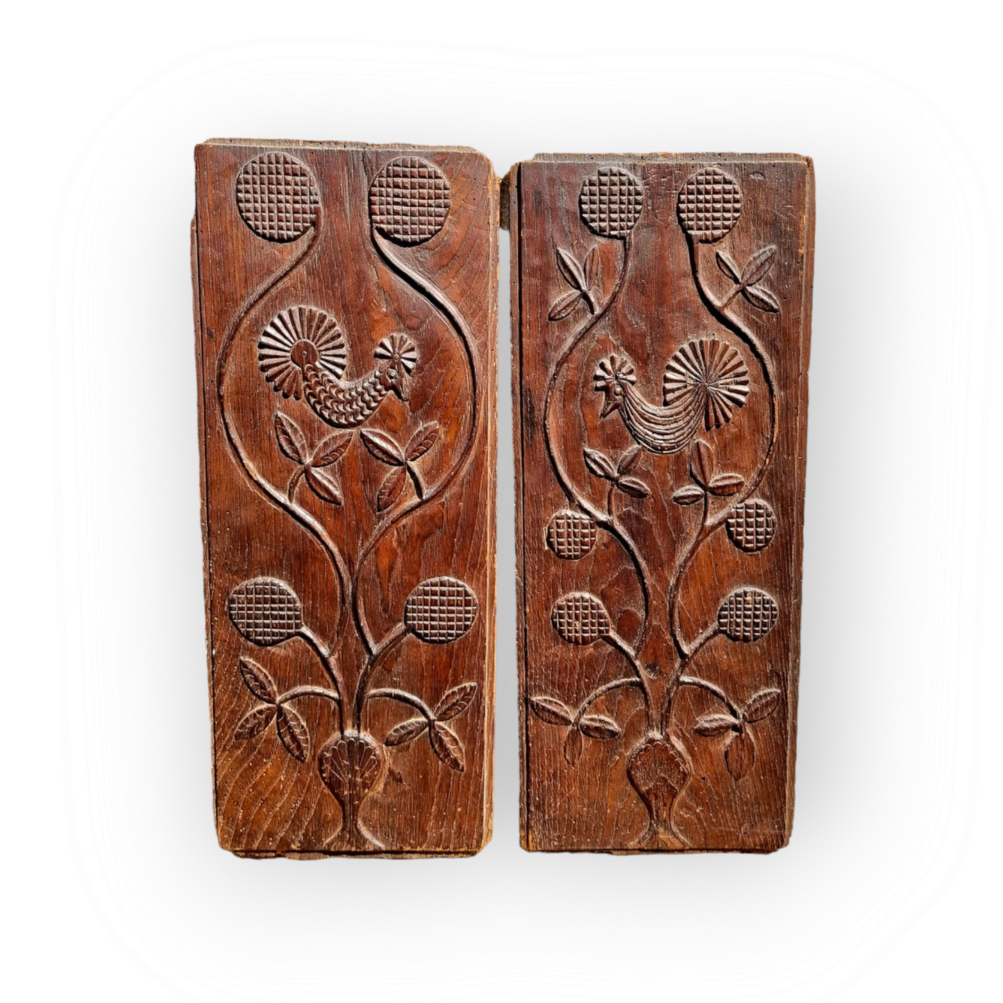 Rare Pair of Late 17th Century French Antique Carved Oak Panels Depicting Birds / Cockerels