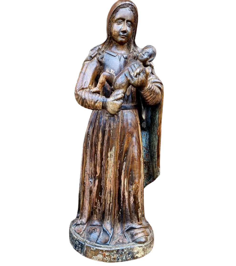 Large & Impressive Early 17th Century Antique Carved Walnut Sculpture of the Madonna & Child