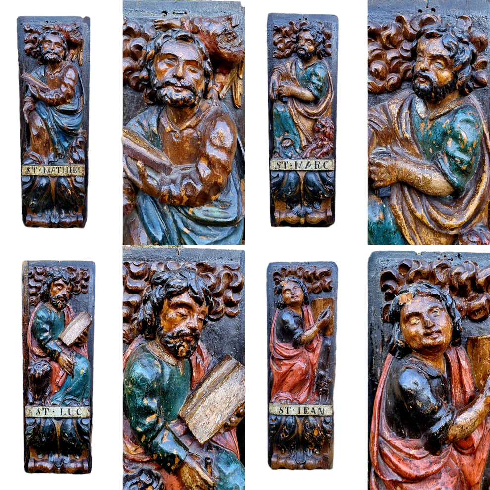 Superb Set of 4 x Large Early 17th Century French Antique Carved Oak Portrait Panels Depicting the Four Evangelists; St. Matthew, St. Mark, St. Luke and St. John