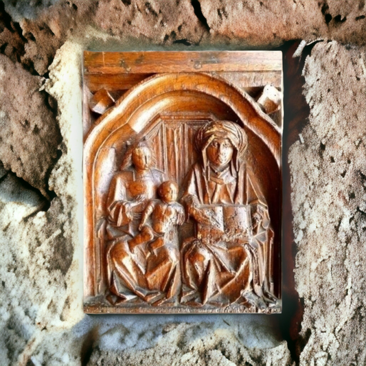 Rare Late 15thC / Early 16thC French Antique Carved Oak Door Panel, Depicting The Virgin, Saint Anne & Christ