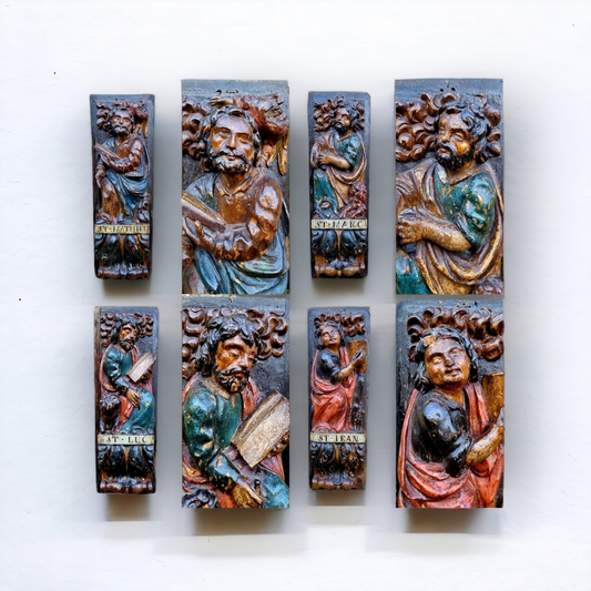 Superb Set of 4 x Large Early 17th Century French Antique Carved Oak Portrait Panels Depicting the Four Evangelists; St. Matthew, St. Mark, St. Luke and St. John