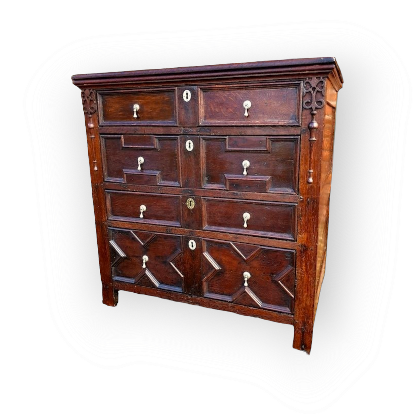17th Century English Antique Oak Geometric Chest of Drawers, Circa 1680