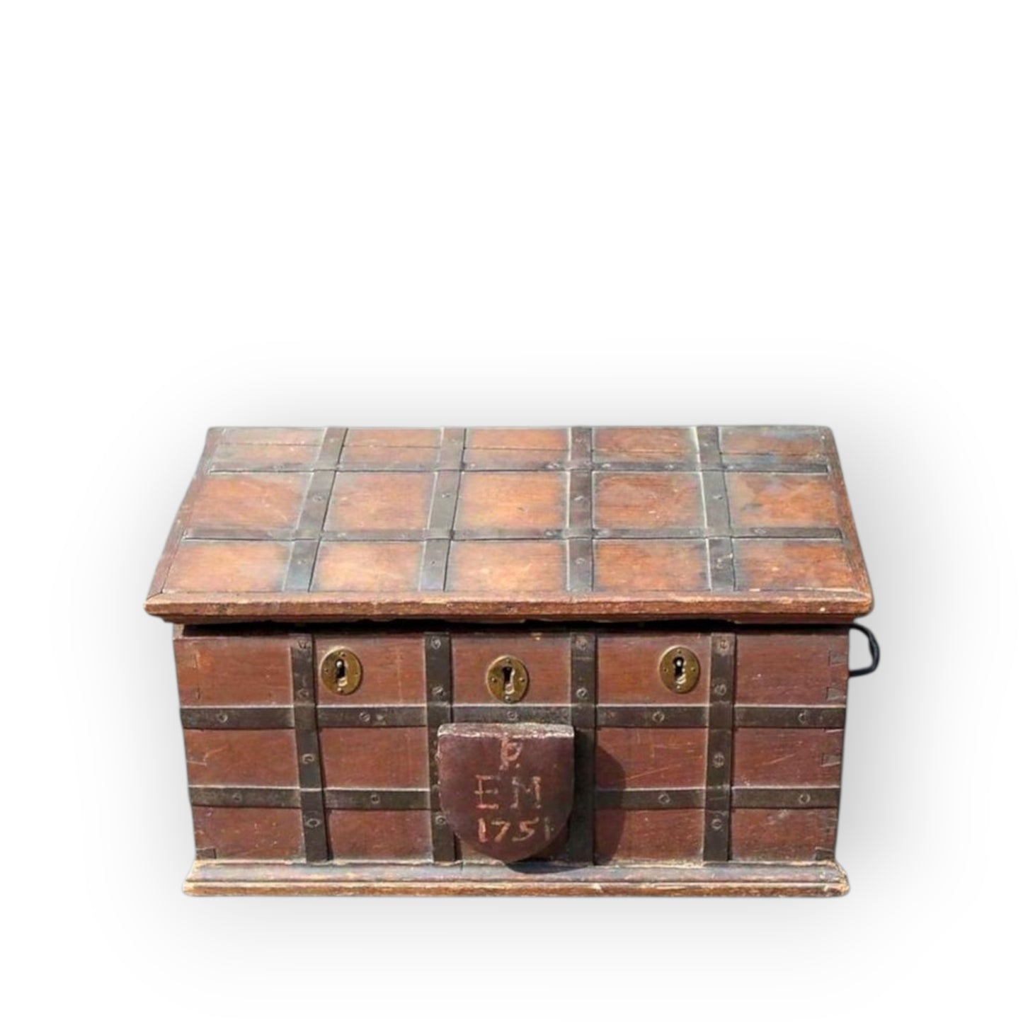 Mid 18th Century English Antique Oak Iron Bound Box Strongbox, Bearing Initials "PEM" & Dated "1751"