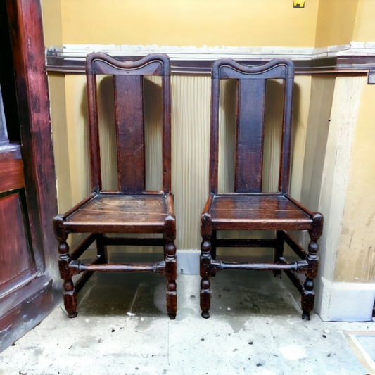 Pair of 17th Century Welsh Antique Oak Back Stools or Hall Chairs