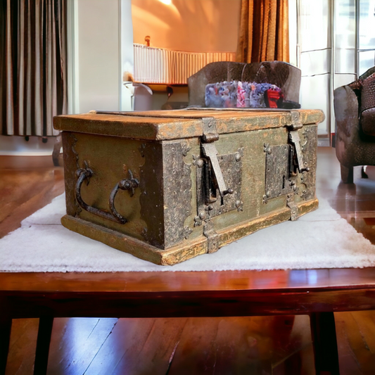 Early 17th Century Dutch Antique Painted Table Top Box with Two Lock Plates