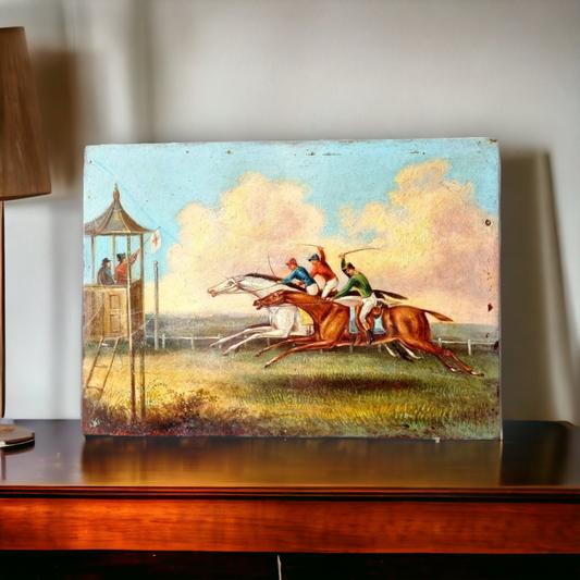 Mid 19th Century Primitive English School Antique Oil on Panel / Painting of a Horse Race, Signed "DB IR" and Dated "1845"