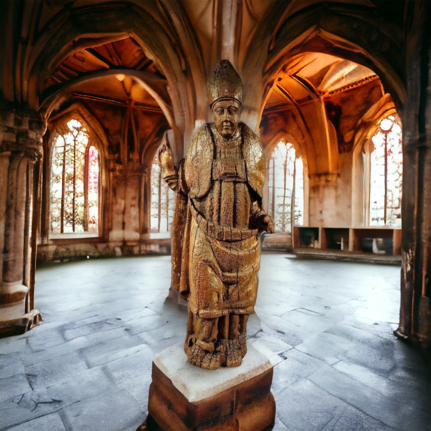 Large Late 15th Century Gothic Antique Carved Oak Sculpture of a Bishop Saint