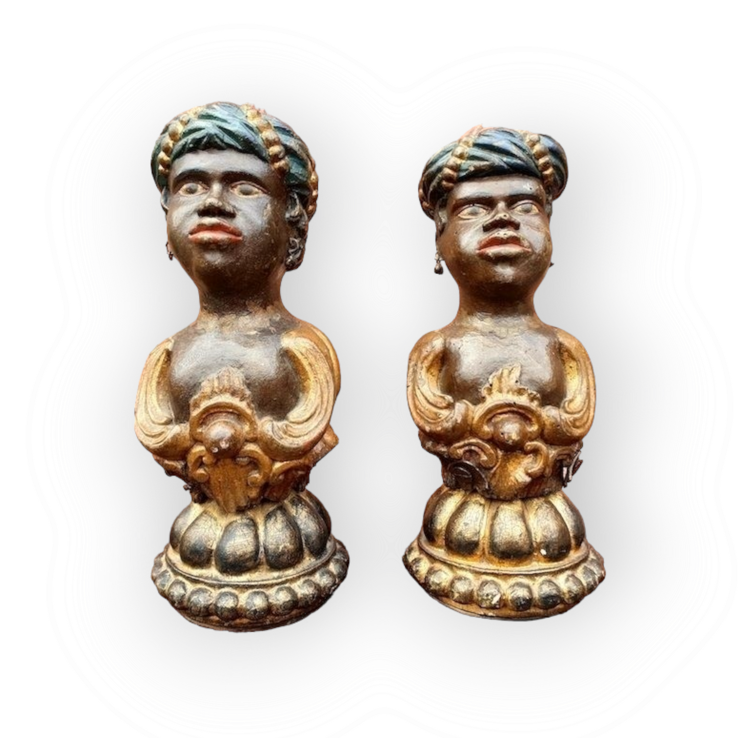 Rare Pair of Early 18th Century Venetian Rococo Period Polychromed Antique Carved Wood Newel Post Finials in the Form of Nubian Heads