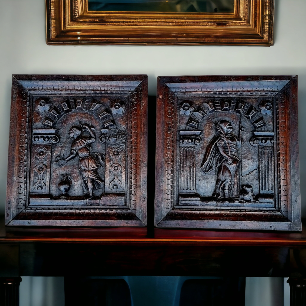 Pair of 17th Century Flemish Antique Carved Oak Panels