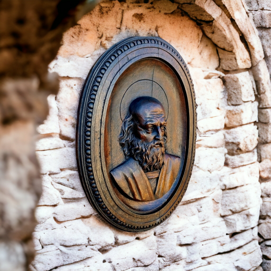 Large Late 18th Century / Early 19th Century Italian Antique Oak Carved Wood Panel Depicting A Male Saint