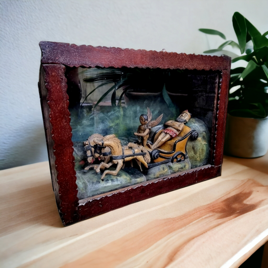 19th Century English Antique Folk Art Diorama | Elijah’s Fiery Chariot | Biblical Scene in Shadow Box