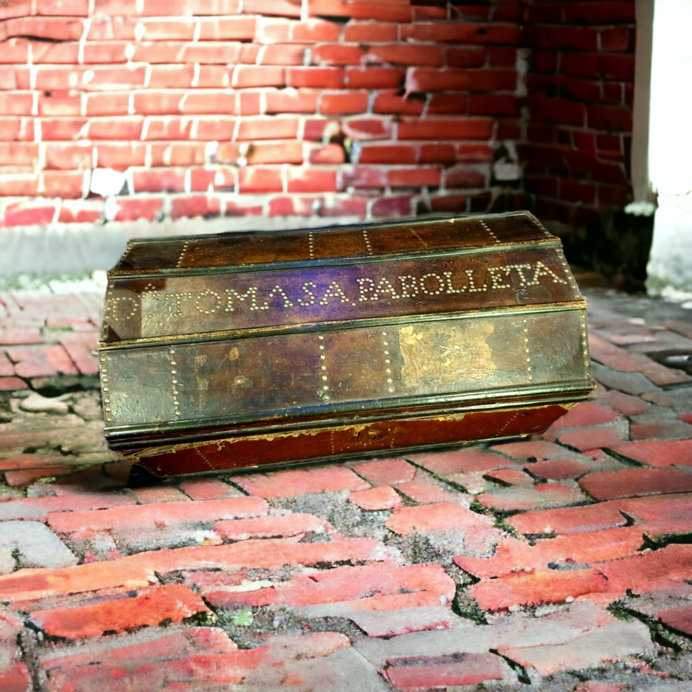 17th Century Spanish Antique Leather-Bound Travelling Trunk or Chest