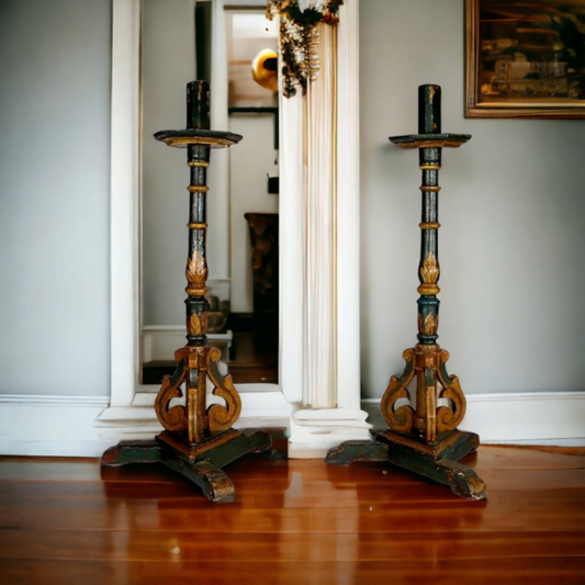 Large and Impressive Pair of 17th Century Antique Polychrome-Painted Standing Candlesticks, Circa 1680