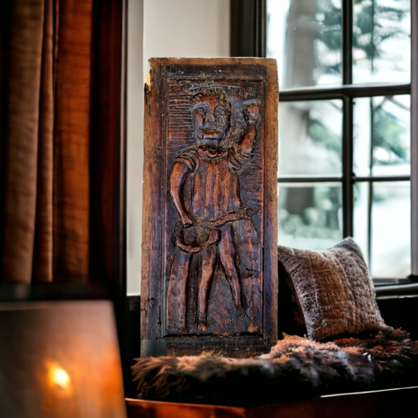 Primitive / Naive Late 16th Century Antique Carved Oak Figural Panel – Elongated Male Figure