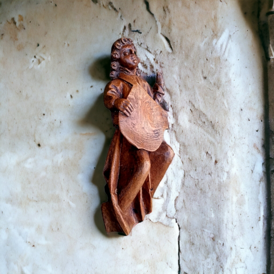 16th Century Flemish Carved Oak Angel – Antique Sculpture with Shield