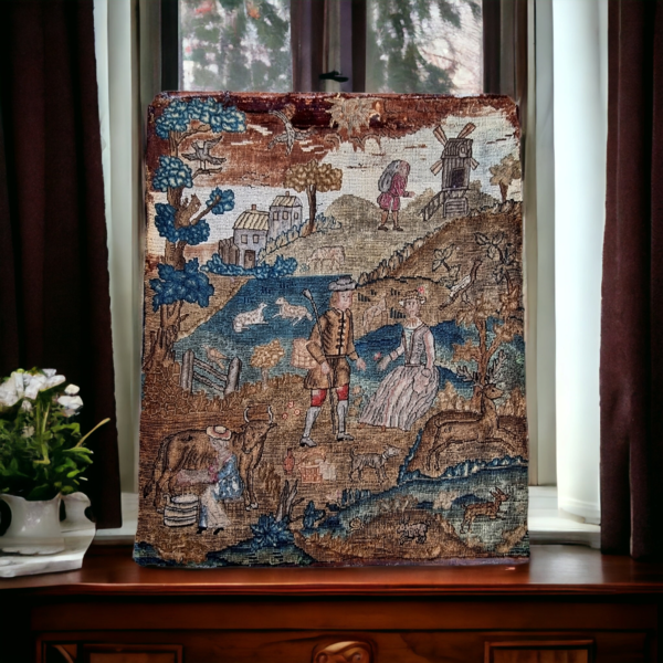 Rare Subject Matter - A Large 17th Century English Antique Needlework Depicting A Country Scene