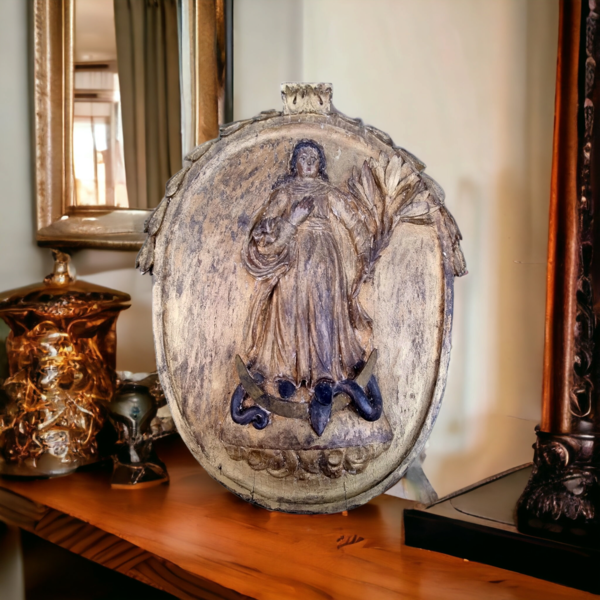 18th Century Antique Carved Limewood Panel – The Virgin with Serpent and Lilies
