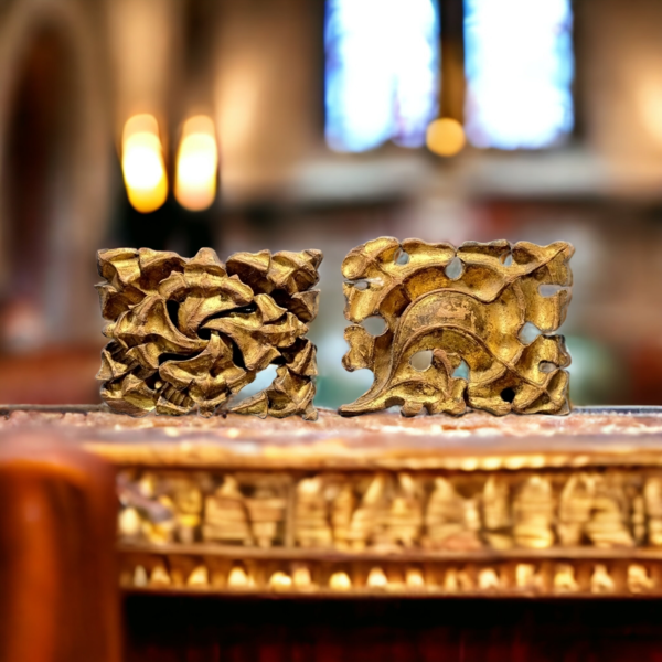 Manchester Cathedral Interest - 2 x 19th Century English Antique Carved Oak Gothic Revival Giltwood Decorative Bosses