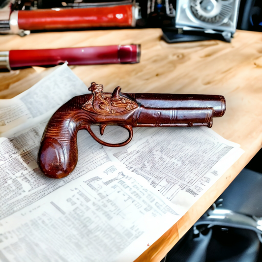 19thC English Antique Salt-glazed Stoneware Pistol-Shaped Whisky Flask by Stephen Green, Imperial Potteries, Lambeth, London, Circa 1831-1858