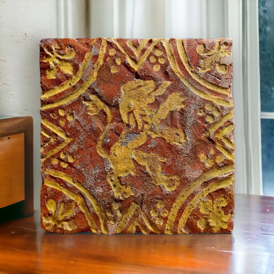 Medieval Style, 19th Century-Made, Antique Encaustic Floor Tile With Rampant Lion