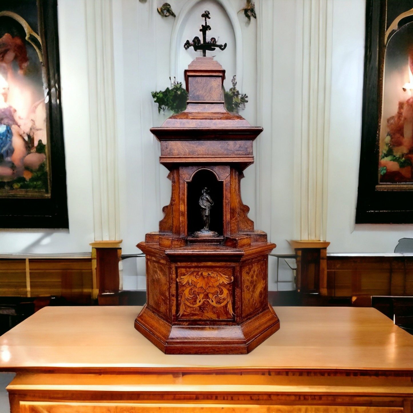 Grand Tour Interest - An 18th Century Italian Antique Walnut Architectural Model of a Roman Temple With a Classical Bronze Statue of Venus