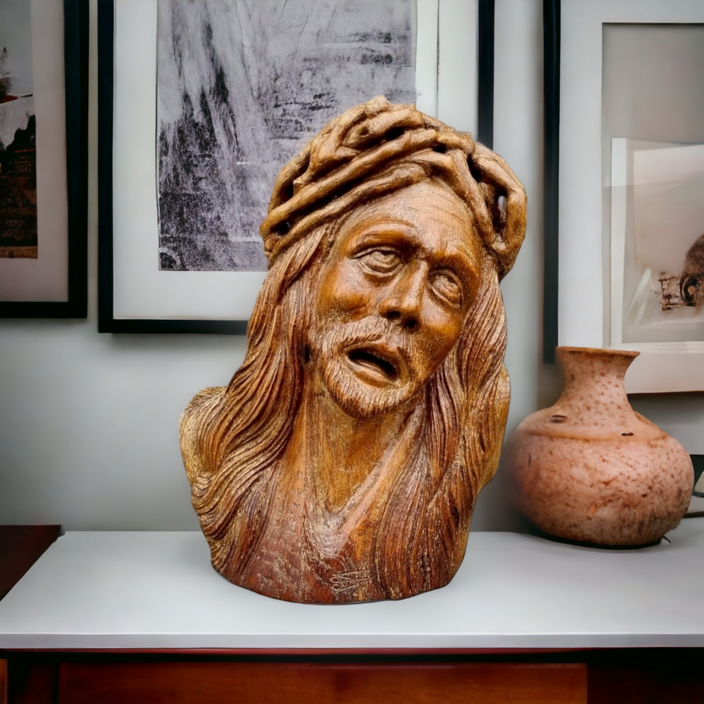 15th Century Flemish Carved Wooden Head of Christ – Life-size Sculpture with Crown of Thorns