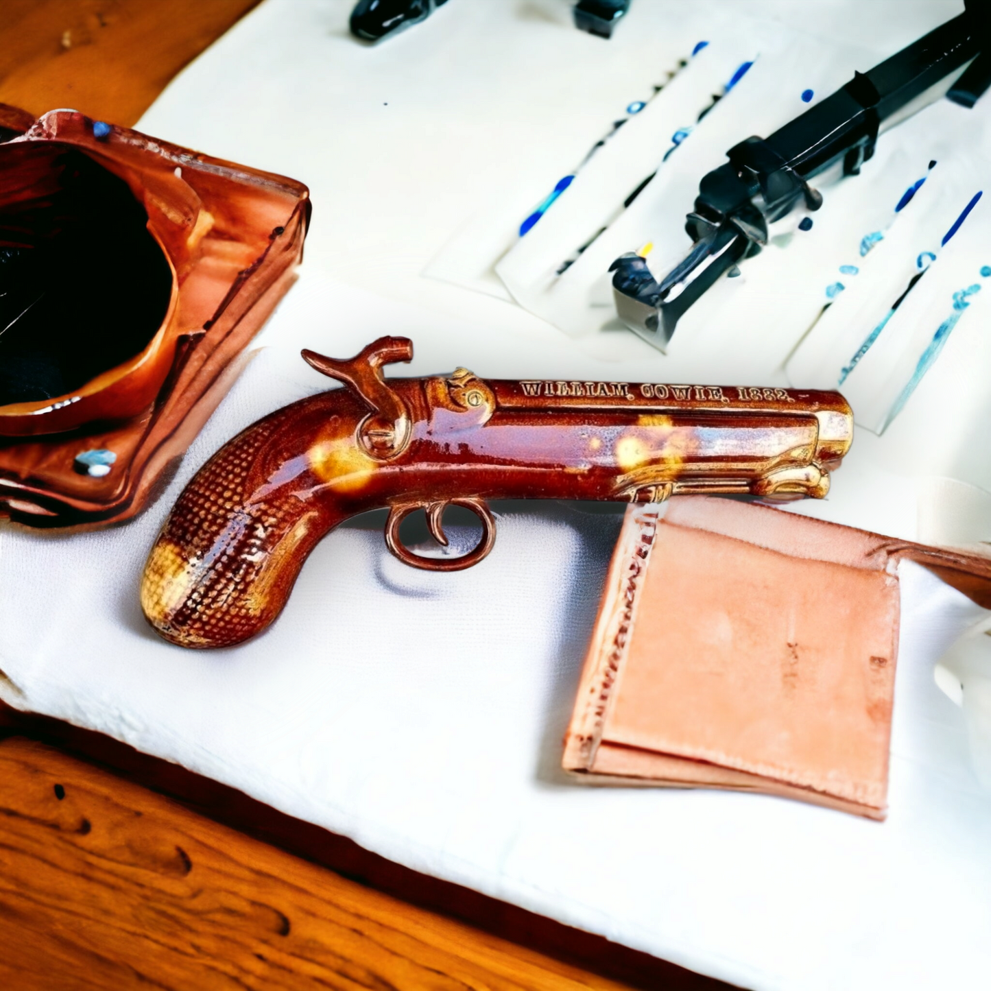 19th Century English Antique Salt-glazed Stoneware Pottery Pistol-Shaped Whisky Flask Dated 1882