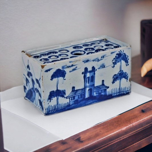 Mid 18thC English Antique Blue & White Delftware Flower Brick, Attributed to Liverpool, Circa 1760