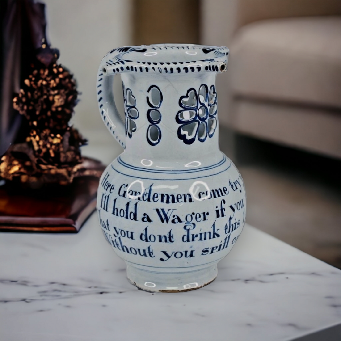 Mid 18thC English Antique Blue & White Delftware Puzzle Jug, Attributed to Liverpool, Circa 1765
