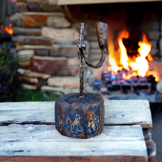 18th Century English Antique Rushlight On Original Blue-Painted Base