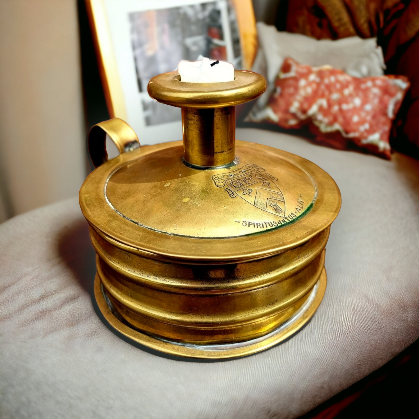 Mid 19th Century English Antique Brass Tinder Box Engraved With The Coat of Arms of Clifton College, Bristol, England