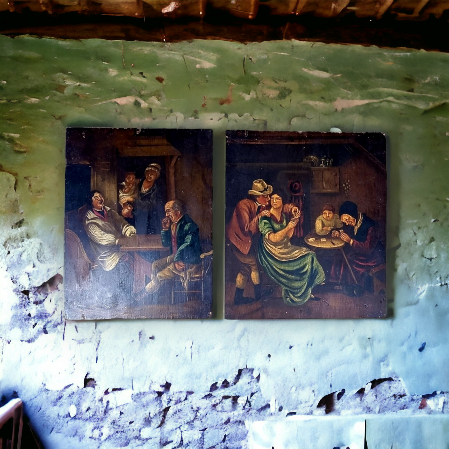 Follower of David Teniers - A pair of Naive Late 18th Century Dutch School Antique Oil on Board Paintings Depicting Tavern Scenes