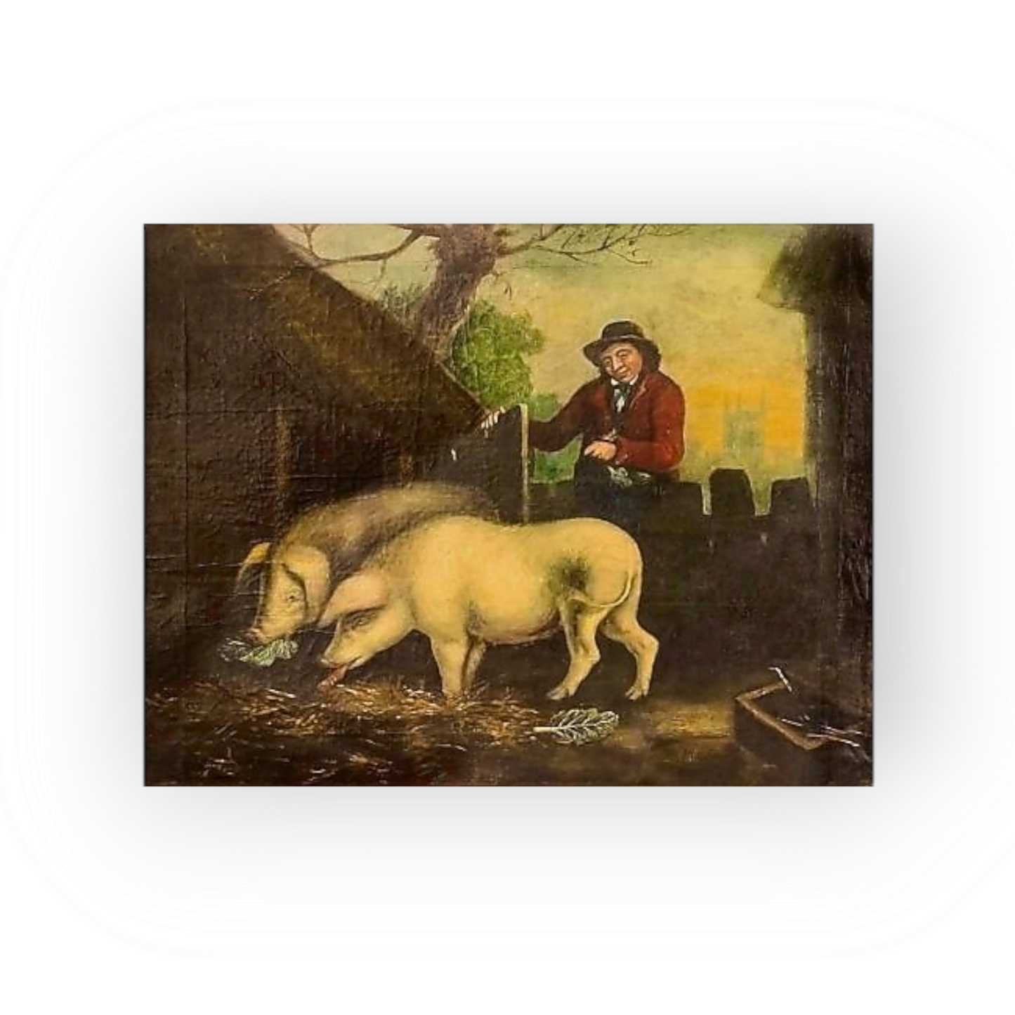 An Early 19th Century Primitive English School Antique Folk Art Oil on Canvas of Pigs in a Pigsty