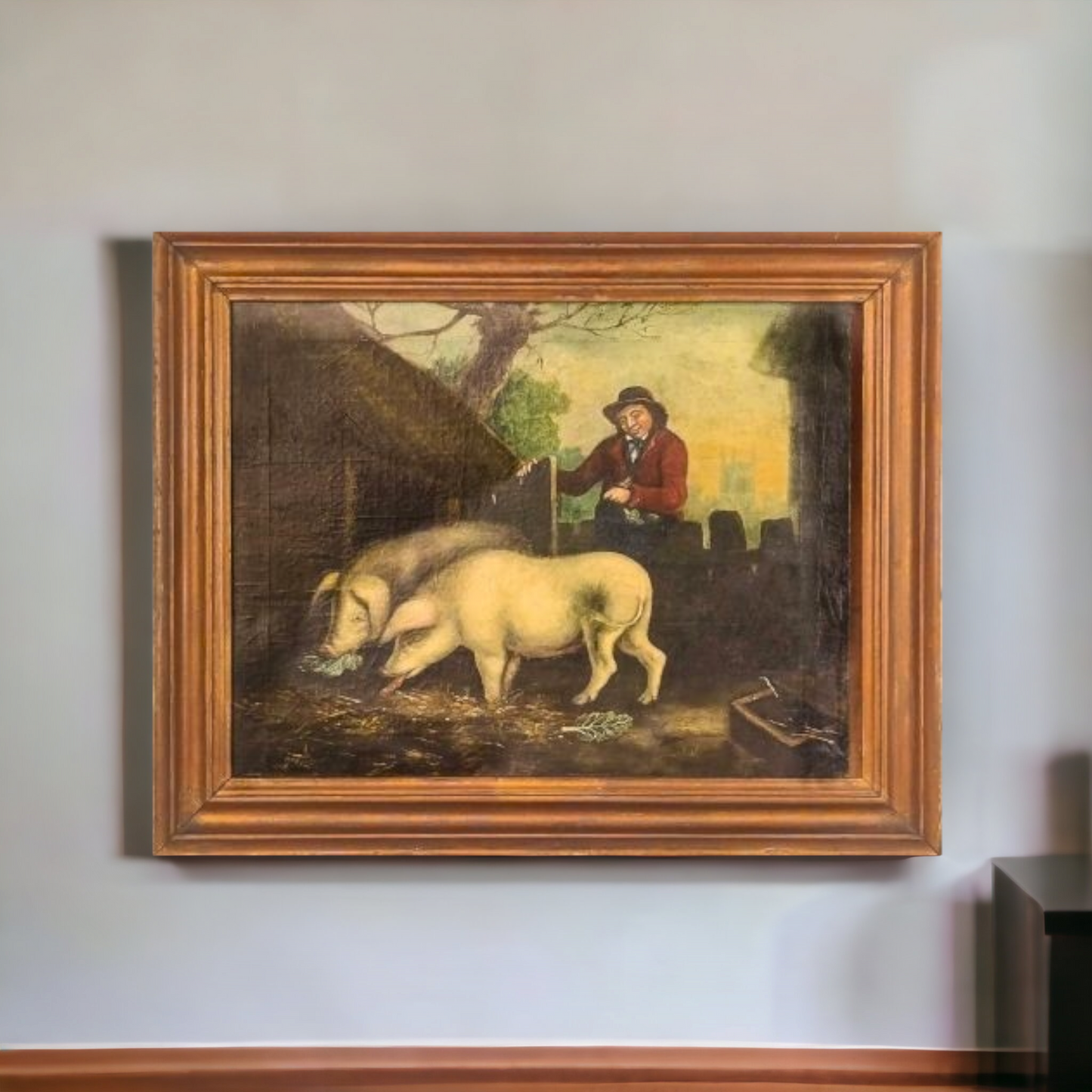 An Early 19th Century Primitive English School Antique Folk Art Oil on Canvas of Pigs in a Pigsty