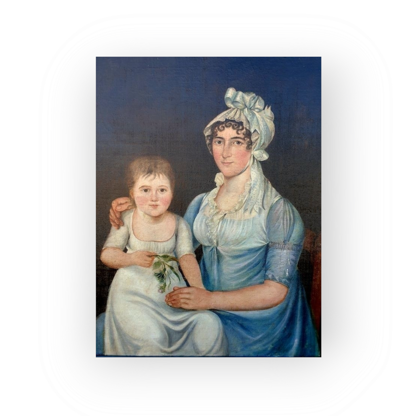 Late 18th Century Primitive English School Antique Folk Art Oil on Canvas Portrait of a Mother & Her Daughter, Circa 1790-1800