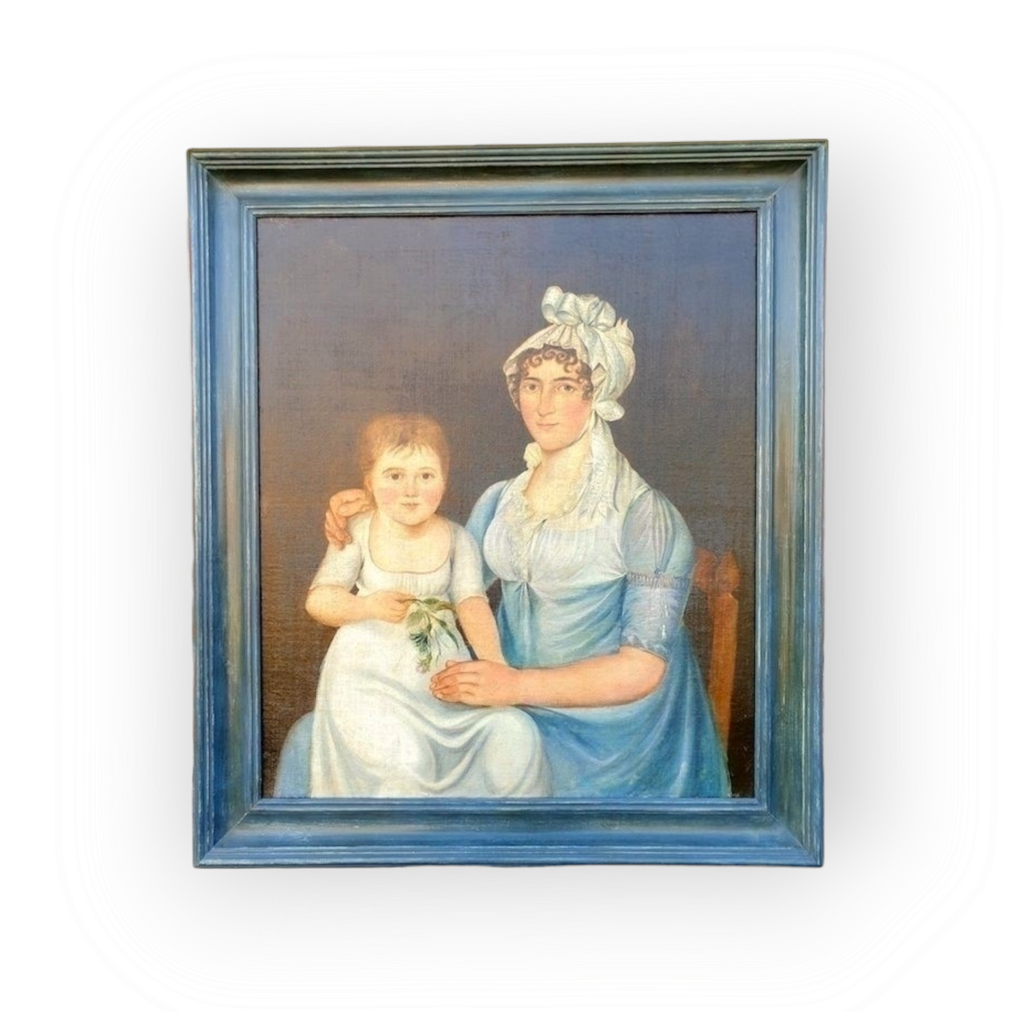 Late 18th Century Primitive English School Antique Folk Art Oil on Canvas Portrait of a Mother & Her Daughter, Circa 1790-1800