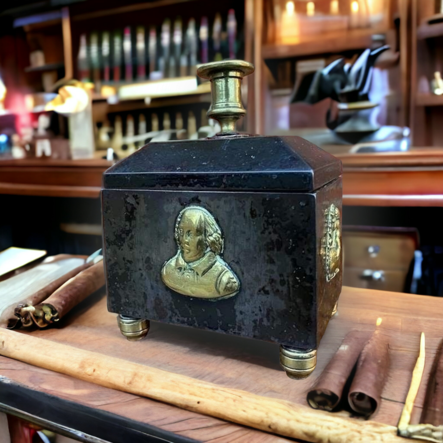 William Shakespeare Interest - A 19th Century English Antique Steel & Brass Tobacco Jar Decorated With Images of Shakespeare