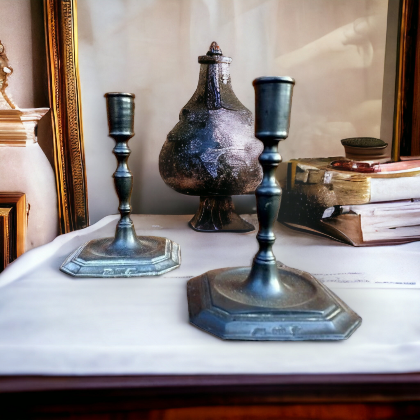 Pair of 17th Century Style, 19th Century Made, English Antique Pewter Candlesticks