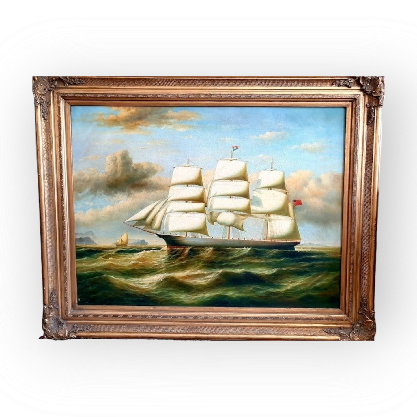 Large & Impressive 19th Century Style Oil on Canvas Painting of a Tall Ship or Schooner