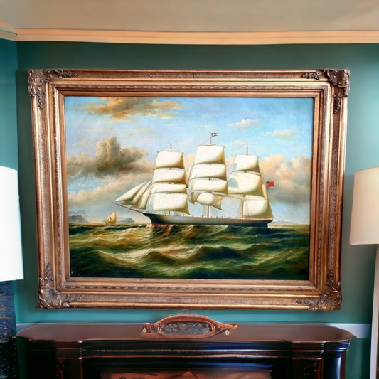 Large & Impressive 19th Century Style Oil on Canvas Painting of a Tall Ship or Schooner
