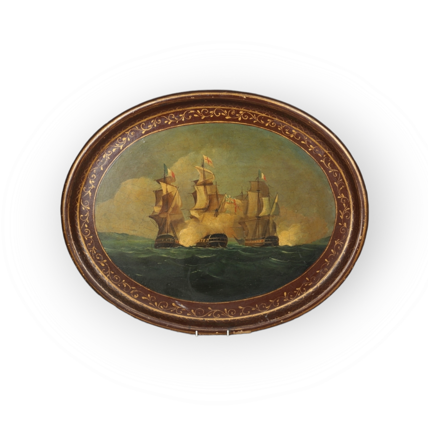 A Large 19th Century English Antique Oval Papier-Mache Tray With A Hand-Painted Scene Of An English Naval Battle