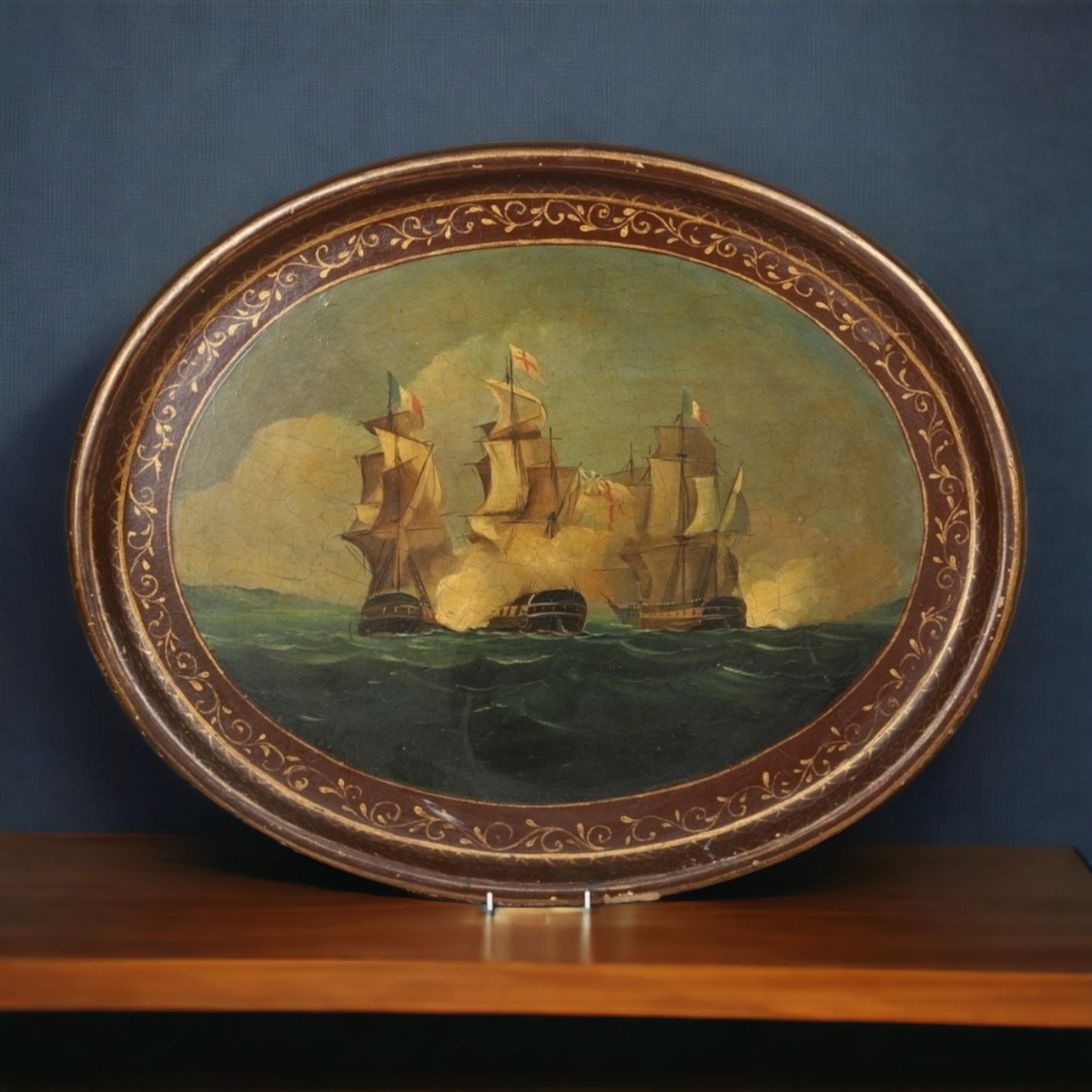 A Large 19th Century English Antique Oval Papier-Mache Tray With A Hand-Painted Scene Of An English Naval Battle