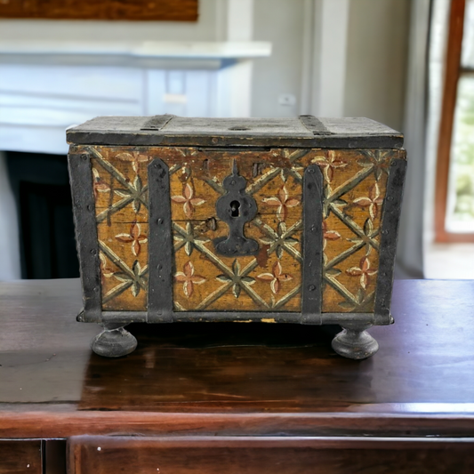 16th Century Scandinavian Antique Table Top Box With Iron Bindings & Original Polychromy