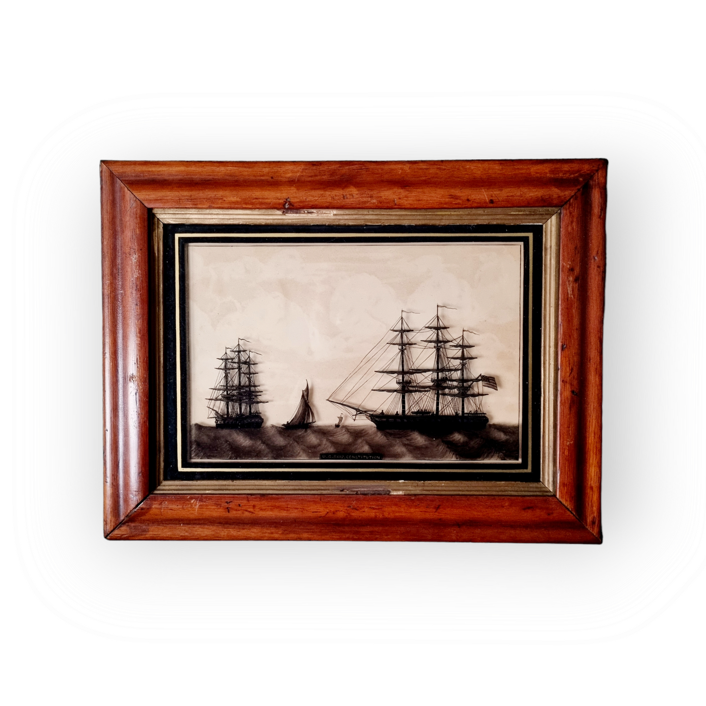 A Fine Pair of Late 18th Century American Nautical Antique Reverse Paint on Glass Silhouette Pictures of US "Perseverence" & USS "Constitution", circa 1797