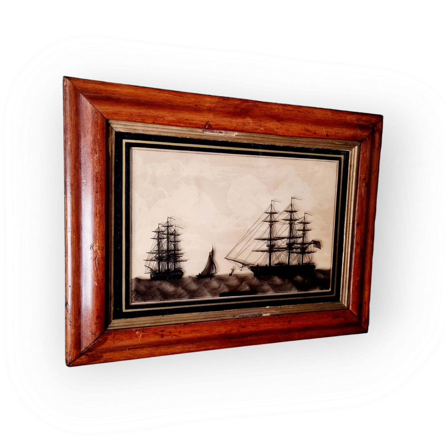 A Fine Pair of Late 18th Century American Nautical Antique Reverse Paint on Glass Silhouette Pictures of US "Perseverence" & USS "Constitution", circa 1797