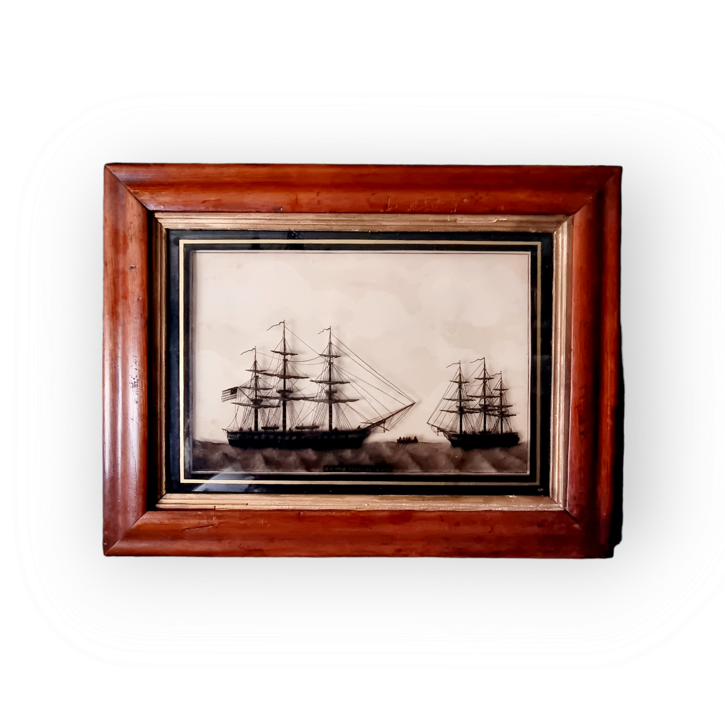 A Fine Pair of Late 18th Century American Nautical Antique Reverse Paint on Glass Silhouette Pictures of US "Perseverence" & USS "Constitution", circa 1797