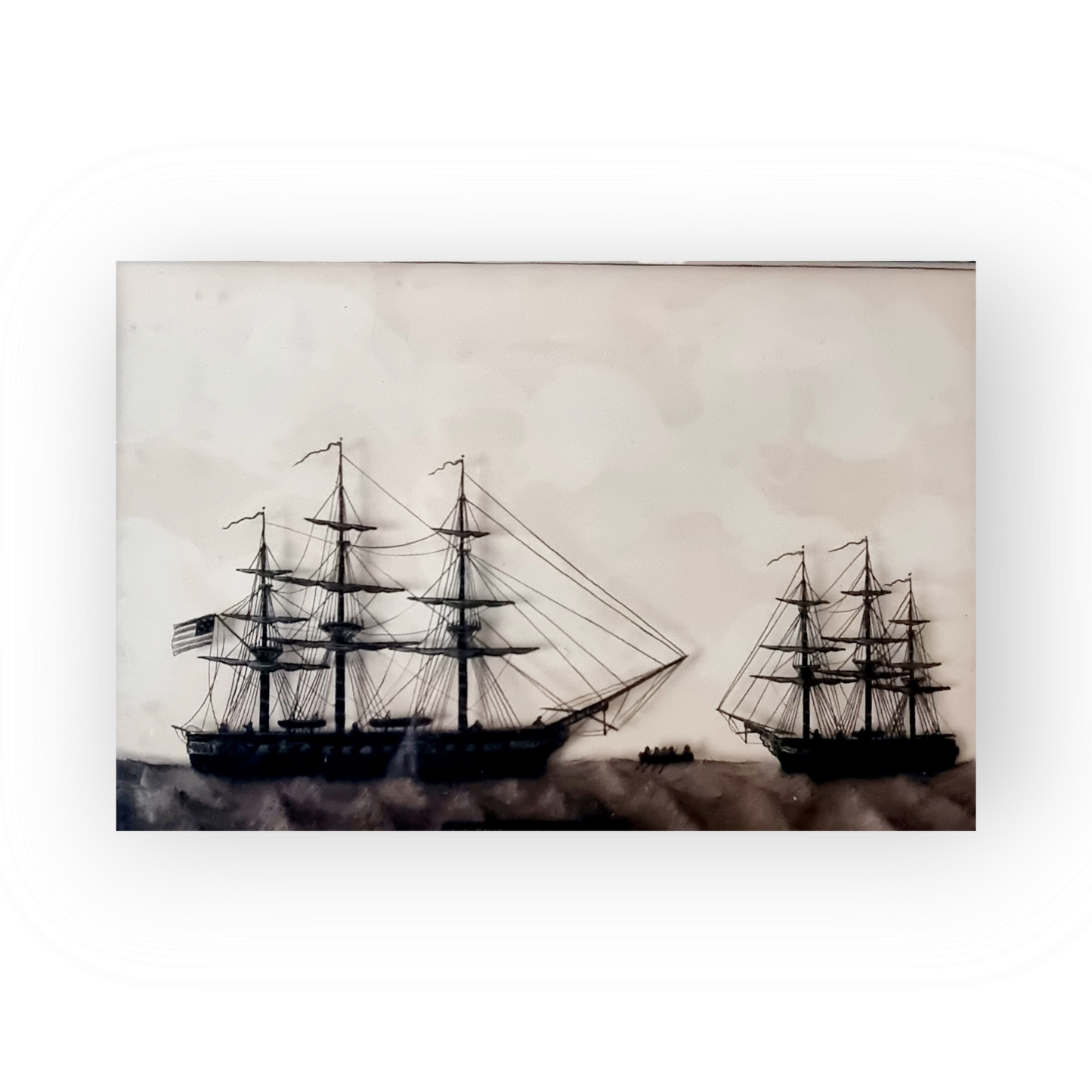 A Fine Pair of Late 18th Century American Nautical Antique Reverse Paint on Glass Silhouette Pictures of US "Perseverence" & USS "Constitution", circa 1797