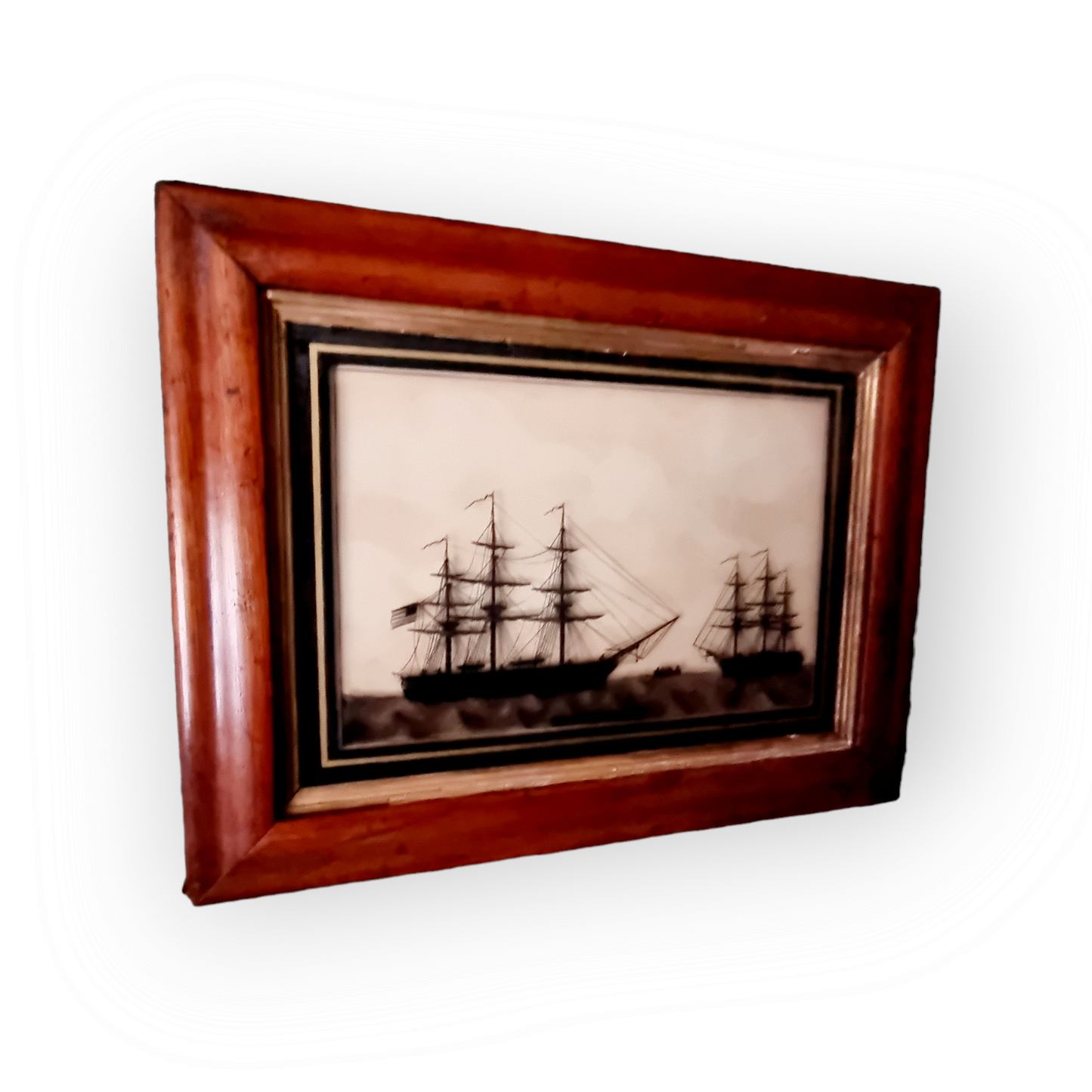 A Fine Pair of Late 18th Century American Nautical Antique Reverse Paint on Glass Silhouette Pictures of US "Perseverence" & USS "Constitution", circa 1797